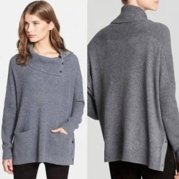 Vince Grey Oversized Twill Snap Wool Yak Turtleneck Knit Sweater - Picture 1 of 14